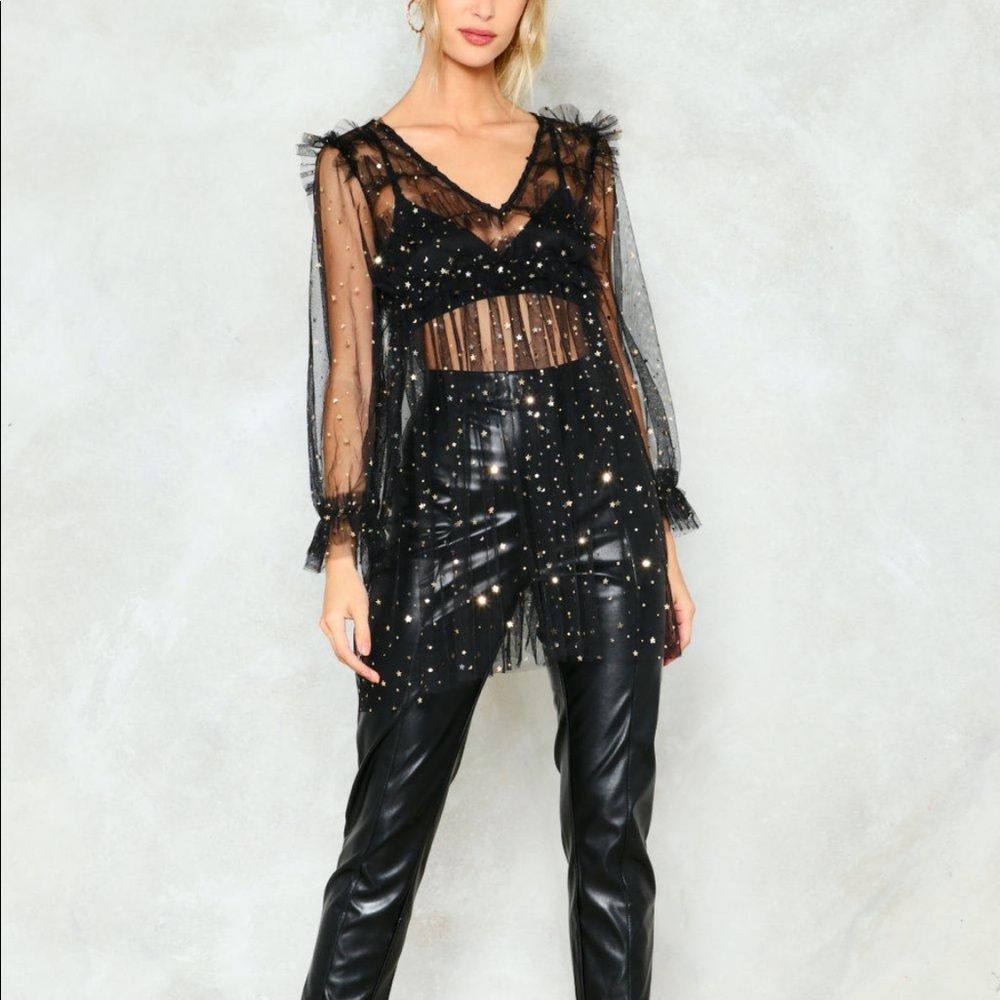 Holiday sexy sheer mesh long sleeve top